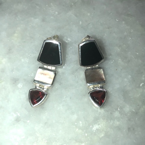Garnet Black Onyx Silver Mother of Pearl Earrings - Picture 6 of 6